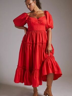 Anthropologie Red Puff-Sleeve Tiered Midi Dress